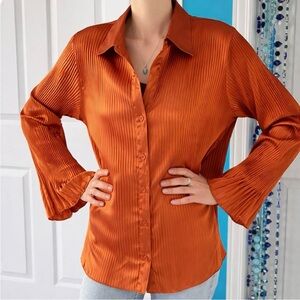 Burnt Orange Satin Pleated Blouse – Romantic Boho Elegance with Flared Sleeves